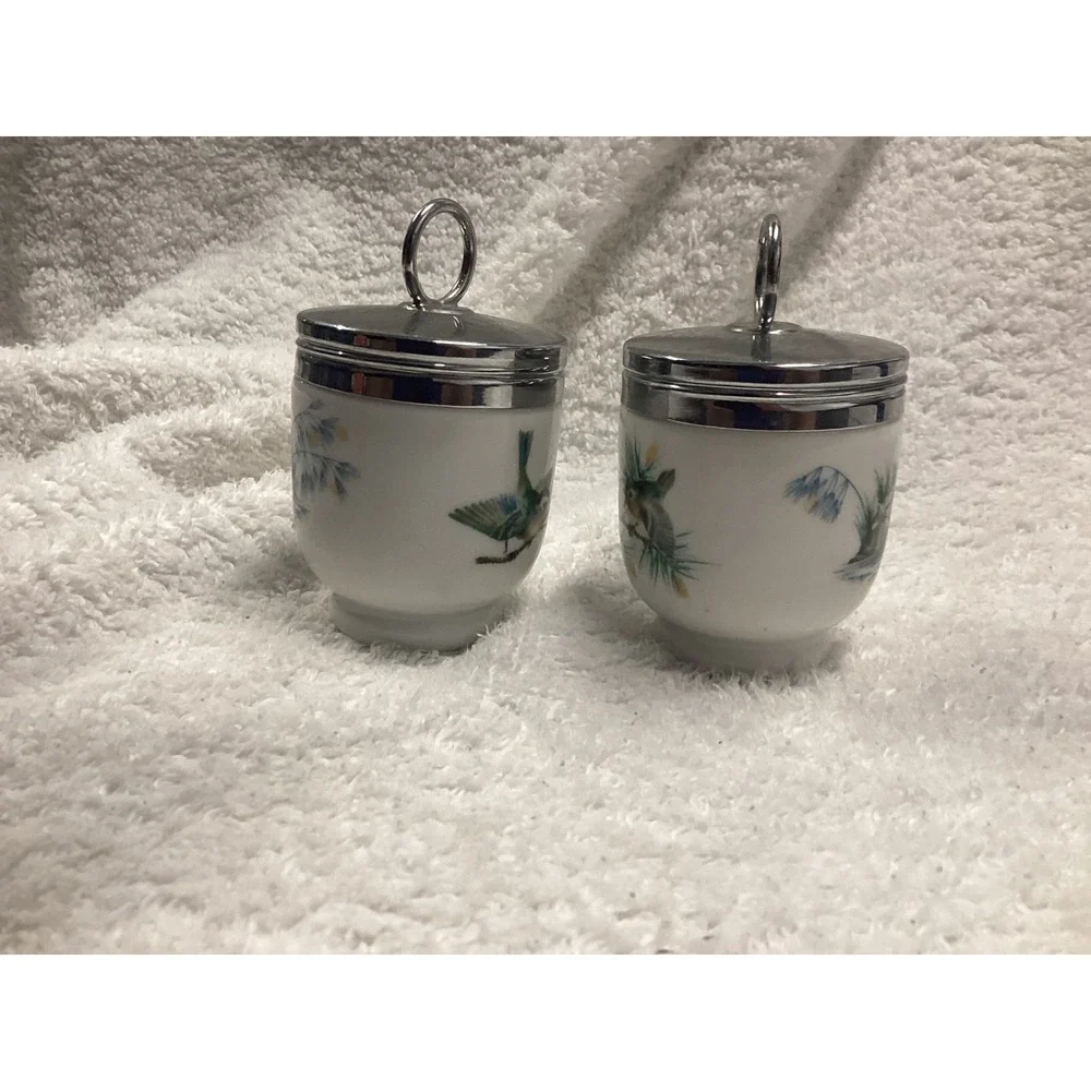 Vintage Ceramic Bird Egg Coddlers Set of 2 Chrome Lids Songbird Nature Design